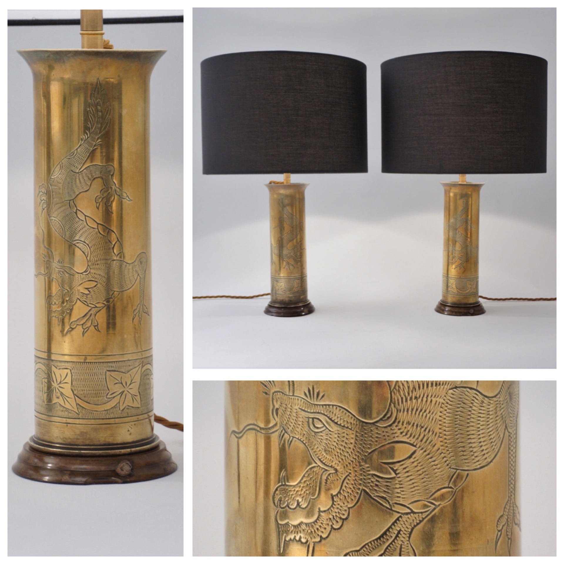 Trench Art shell case table lamps, a pair, brass, Chinoiserie, dragons,  1920`s ca, Japanese in Antique & Vintage Table Lamps from Roomscape