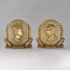  Coronation Queen Elizabeth II & Philip bookends, gilt bronze, 1953 English