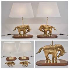  Vintage horse table lamps, pair, Maison Jansen style, bronze, 1970`s French