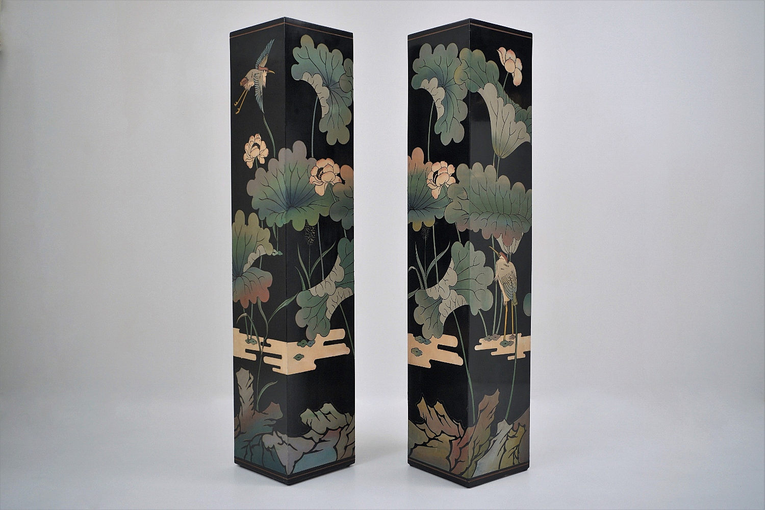 Pair Vintage Pillars Pedestals Chinoiserie Black Lacquer Wood